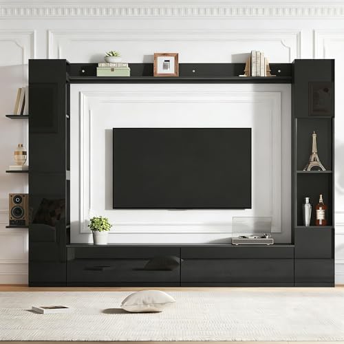 Kebnor Wohnwand, Vitrinen Türanschlag wechselbar,(Set, 4-St), Kompaktwohnwand mit viel Stauraum,TV-Schrank, Vitrine, Aufbewahrungsschrank, speziell für das Wohnzimmer (Schwarz)