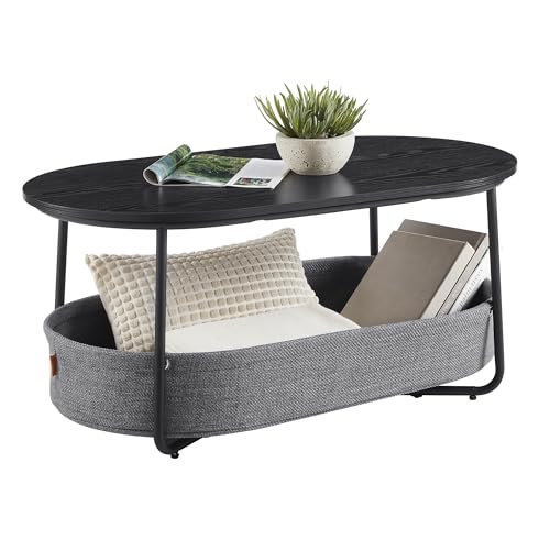VASAGLE Couchtisch oval, Tisch mit Stauraum, Beistelltisch, Wohnzimmertisch mit Korb aus Stoff, modern, Metallrahmen, tintenschwarz-schiefergrau LCT222B56
