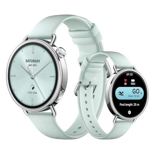 XIAOMI Watch S4 41mm Smartwatch – Edelstahlgehäuse, Ultraleicht, 150+ Sportmodi, präzise Menstruationszyklus-Vorhersage, Sicherheits-Notruffunktion, Fluorkautschuk-Armband (Mintgrün)
