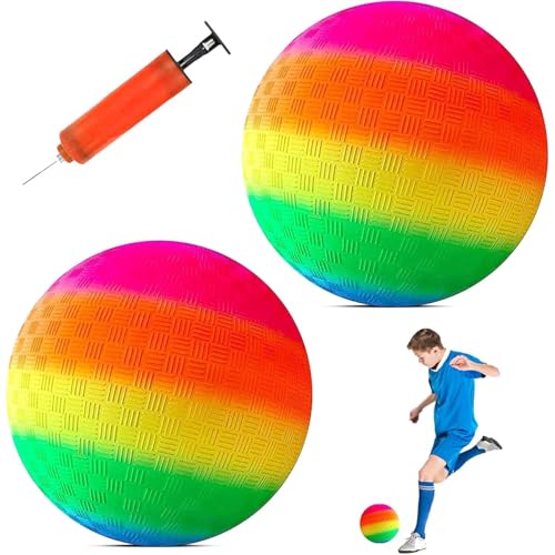 TZQFROCE 2 Stück Bouncy Kickball Regenbogen Ball PVC 8.5 Zoll Softball Kinder Spielball mit Pumpe für Backyard Park und Beach Outdoor Fun