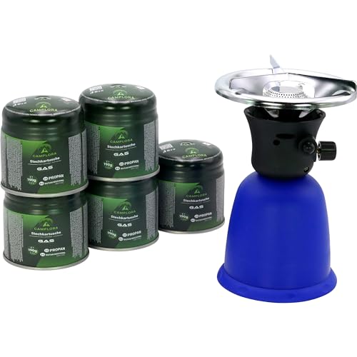 CAMPLORA Gaskocher mit 5 Gaskartuschen und Piezozündung für Stechgaskartuschen 190g EN417, Camping kocher gas, Campingkocher mit Gaskartusche 1 flammig mini gas stove, Gaskocher, Gasherd,stove