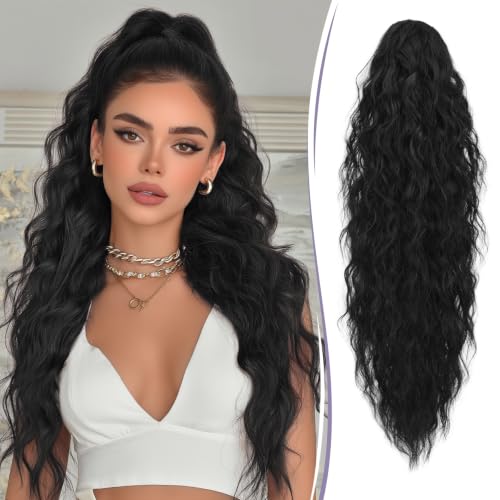 RUWISS Pferdeschwanz mit Klammer 76 cm Lange Wellig Lockig Pferdeschwanz Haarteil Synthetik Gewellt Claw Clip in Ponytail Extension für Damen, Schwarz