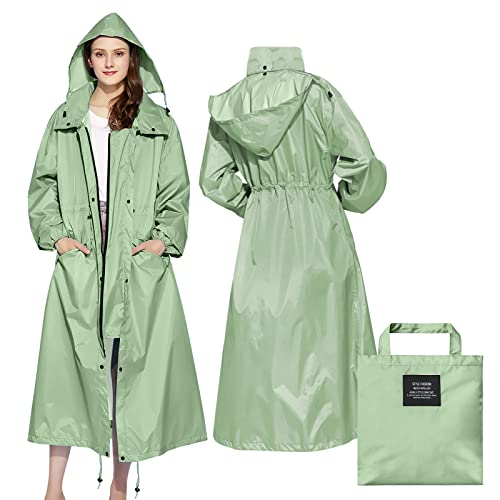 SOPPY Regenmäntel für Damen, winddicht Regenponcho, leichter Regenmäntel lange Regenjacke langer wasserdichter Mantel, schnell trocknend, Regenmäntel mit Kapuze für Damen, Minzgrün, L