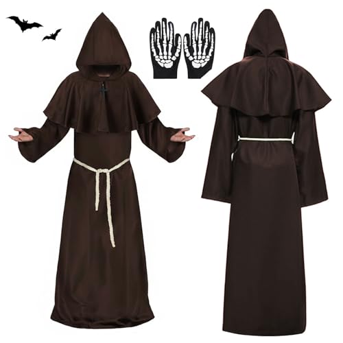 Tccydm Robe Mönch Kostüm Herren, Karneval Mönch Priester Gewand XXL,Herren Kapuze und Kreuz Mönch Robe Priester Kostüm, Mittelalter Renaissance kostüm, für Mottoparty, Halloween, Karneval (Braun-XXL)