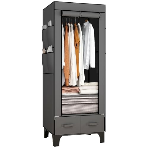 OPPAIYA Kleiderschrank Stoff Schmal, Stabiler Kleiderschrank Klein mit 2 Schubladen, Faltschrank mit 8 Seitentaschen & Abdeckung, Garderobe für Camping & Schlafzimmer, Schwarz, 59x45x160 cm Schwarz