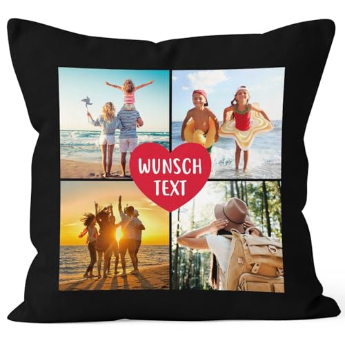 SpecialMe® Kissen-Bezug mit Foto-Collage 4 eigene Bilder und Wunschtext persönliche Geschenkidee personalisierbar Baumwolle schwarz Standard