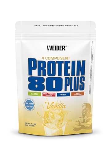 WEIDER Protein 80 Plus Mehrkomponenten Protein Pulver, Eiweißpulver für cremige, unverschämt leckere Eiweiß Shakes, Kombination aus Whey, Casein, Milchprotein-Isolat & Ei-Protein, Vanille, 500g