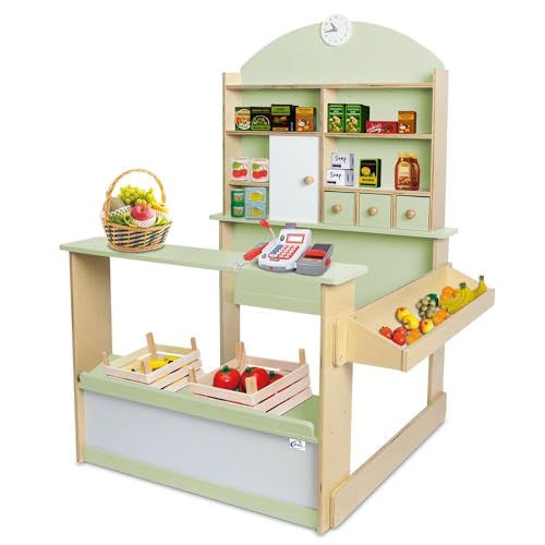 Coemo Kaufladen Kinder Kaufmannsladen Lilly Holz Verkaufsstand mit 3 Schubladen Schrank Uhr Theke Seitentheke (Mintgrün)