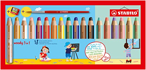 STABILO Farbige Stifte Woody 880/18 Set von 18 Farben mit einem Bleistiftschärfer | 2 Stücke