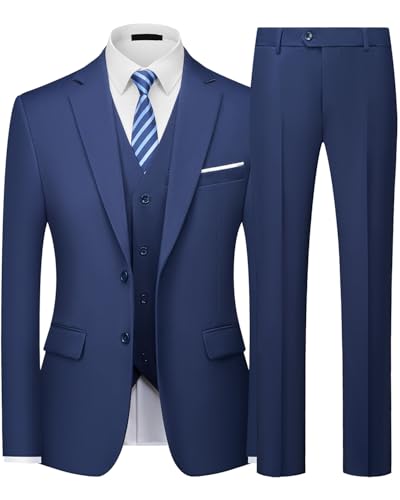 Autsel Anzug Herren Slim Fit 3-teilig Business Anzüge 2-Knopf Herrenanzug Sakko Weste Hose knitterarm für Business Hochzeit & Festliche Anlässe Marineblau M