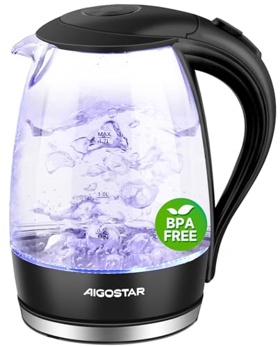 Aigostar Adam - Wasserkocher Glas 1,7 Liter, 2200 Watt, LED-Beleuchtung, 100% BPA Frei, Verdicktes Borosilikatglas Wasserkocher mit Kalkfilter, 360° Edelstahl Sockel, Trockenaufschutz, Schwarz