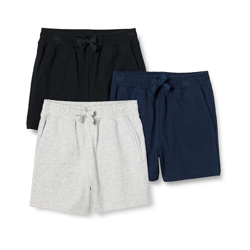 Amazon Essentials Jungen Shorts aus Baumwolljersey, 3er-Pack, Hellgrau Meliert/Marineblau/Schwarz, 10 Jahre