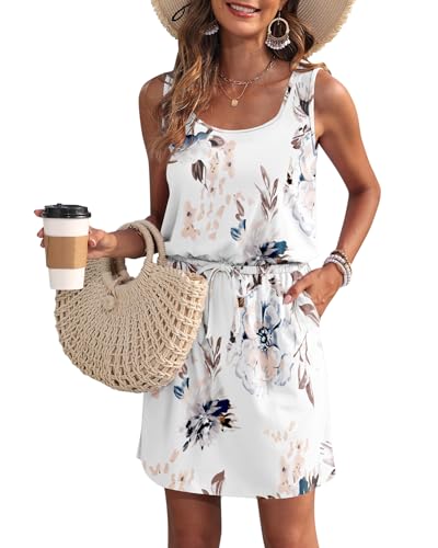 WNEEDU Sommerkleid Damen Ärmellose Strandkleid U Ausschnitt Kordelzugkleid Luftiges Kleid Sommer mit Taschen Florales Weiß M