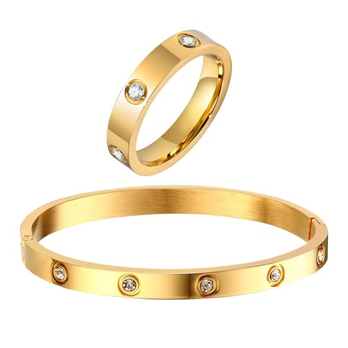 RIXERKOC Gold Ringe Armbänder für Damen 18K Gold plattiert Liebe Freundschaft Armband Cubic Zirkonia Armreif mit Ring Edelstahl Schmuck-Set Hochzeit Band Schmuck (Goldarmband mit Ring Größe 6)