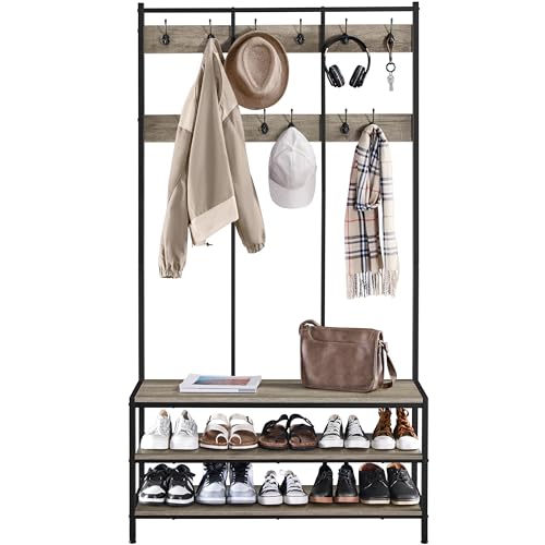 Yaheetech Garderobenständer mit 24 Kleiderhaken & Schuhregal & 3 Ablagen Sitzbank bis 125 kg Belastbar Kleiderständer fürs Schlafzimmer/Flur/Eingangsbereich/Wohnzimmer/Büro