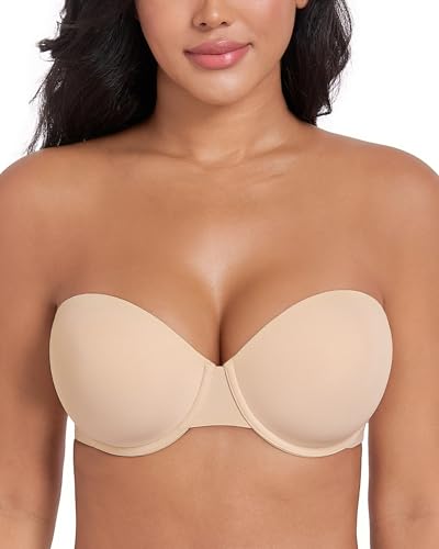 DotVol Trägerloser Damen BH Bügel Push Up BH mit Vorgeformten Leicht Gepolsterten Cups Nahtloser Bandeau-BH(Schwarz,80D)