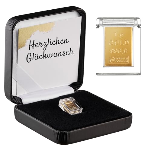 Goldstücke24 - Gold verschenken - Goldbarren 1g in hochwertiger Acrylglaskapsel inkl. Etui und Grußkarte Herzlichen Glückwunsch - Gold statt Geld verschenken