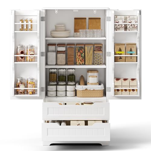 Bealife Hochschrank, Küchenbuffet mit 2 Schubladen und 2 Türen, Freistehender Küchenschrank für Küche, Esszimmer und Wohnzimmer, Weiß