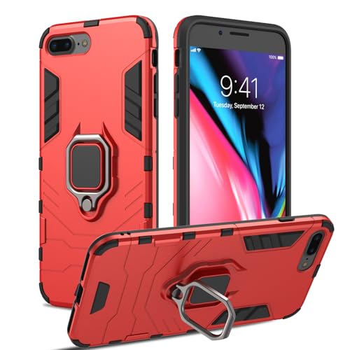 RIIMUHIR Hülle für iPhone 7Plus/8Plus, Panzerhülle mit 360° Metall Ring Ständer, Kratzfestes Stoßfest Hart Handyhülle, Armor Hülle mit Kameraschutz (Rot)