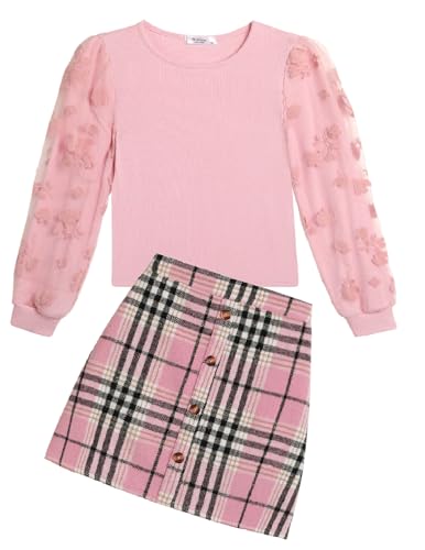 Arshiner Mädchen Bekleidungssets Elegante Langarmshirt mit Rock Set Kinder Herbst Winter Outfit Kariert Freizeit Mode Zweiteilig Kleidung Sets für Mädchen 10-11 Jahre