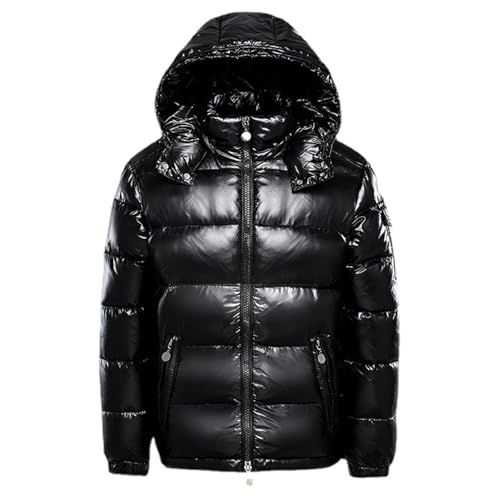 FM2018XSL Herren Pufferjacke Mit Kapuze Leicht Warme Kurze Winterjacke Winddicht Steppjacke Metall Glänzende Daunenjacke (DE/NL/SE/PL, Alphanumerisch, XS, Regular, Regular, Schwarz)