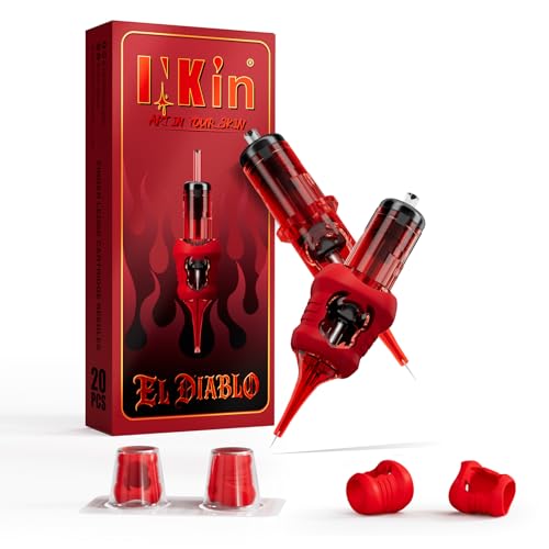 INKin Tattoo Nadeln 7RL mit Silikonschutz, 20 Stück #10 Bugpin 0,30mm Tattoonadeln mit Verlängerter 13mm Spitze und Strukturierter Oberfläche für Einen Gleichmäßigen Tintenfluss (EL Diablo 1007RL)