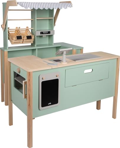 Small Foot Kaufladen und Kinderküche Salbeigrün „Fresh“ aus Holz mit Zubehör, Spielküche & Marktstand, Rollenspielzeug für Kinder ab 3 Jahren, 12688, grün
