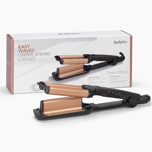 BaByliss Deep Waves Welleneisen – Keramikbeschichtung, 3 Temperaturstufen (160°C-200°C), frizzfreie Mermaid Waves & Beach-Waves, schnelles Aufheizen – Schwarz & Gold, W2447E