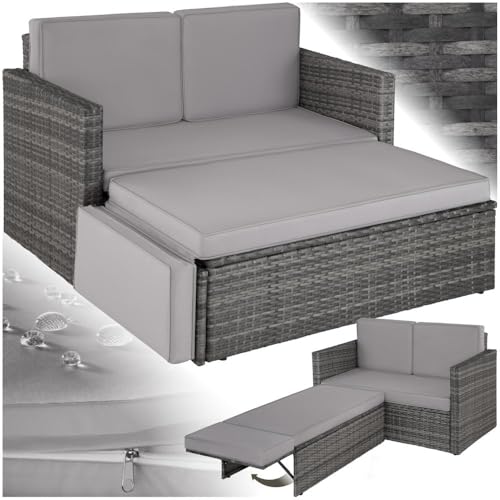 tectake Sofa Set - 2 Sitzer Sessel mit Hocker und Schlaffunktion, kleine Rattan Couch als Outdoor Gartenmöbel, wetterfest für Lounge, Balkon und Garten, klappbar mit Polstern