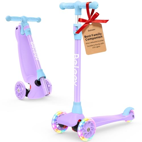 BELEEV Roller Kinder ab 2 Jahre mit LED Leuchtrollen, Kinderroller 3 Jahre, 4 höhenverstellbare Stufen, Bremse, Lean-to-Steer, Bis 50kg, 3-Rad Scooter Kinder für 2-6 Geschenk Jungen Mädchen, Purple