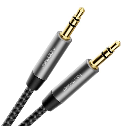 deleyCON 1,5m Nylon 3,5mm Klinke Audio Stereo AUX Kabel Klinkenkabel Audiokabel Nylonkabel Metallstecker Handy Smartphone Tablet Kopfhörer HiFi Receiver - Schwarz