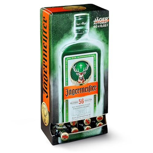 Jägermeister – 60 x 0,02 l Mini Meister Shots Premium Kräuterlikör 35% Vol. – 56 erlesene Kräuter – Kalt mazeriertes Elixier – Im Eichenfass gelagert – Das Original aus Wolfenbüttel
