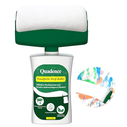 Quadence Wandfarbe Weiß, 500g Touch-Up Farbe gebrauchsfertig mit Roller-Pinsel, wasserbasiert & geruchsarm – Wand-Reparatur-Set für Wände & Decken, entfernt Flecken, Graffiti, Schuhabdrücke