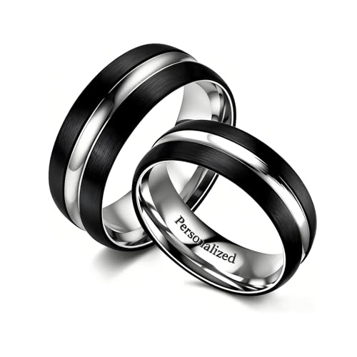 Ihanskio Personalisierbarer Ring für Paare mit blauem Streifenmuster im Inneren, kann Verlobungsringe zur Hochzeit graviert werden, Titan-Edelstahl, Zirkonia