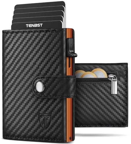 TENBST Geldbörse Herren mit Münzfach & RFID Schutz, Slim Wallet Kartenetui Klein, Portmonee Geldbeutel Herren, 10 Fächer für Kreditkarten Kreditkartenetui - Schwarz & Orange
