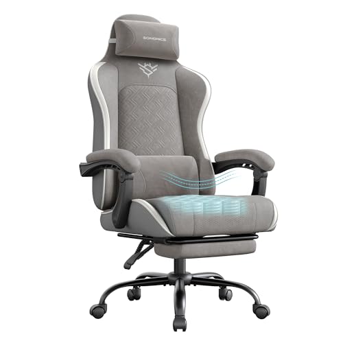 SONGMICS Gaming-Stuhl, Bürostuhl, Schreibtischstuhl, ergonomischer Gaming-Sessel, Sitzkissen mit Federn, Fußstütze, Armlehnen mit Synchronmechanik, Taubengrau OBG079G01