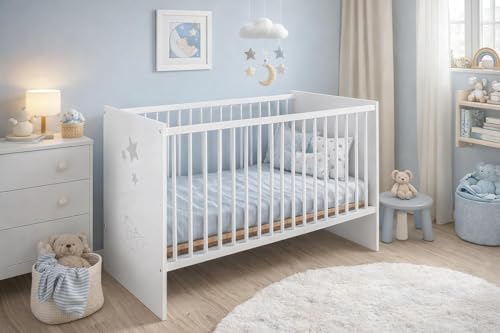 Baby Happy Bliss Babybett Kinderbett Paula 120x60 cm – Massives Buchenholz – 3-Fach höhenverstellbar – 3 herausnehmbare Sprossen – EN 716