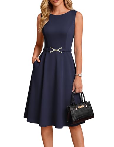 GRACE KARIN Damen Kleider Elegante A-Linie Freizeit Rundhals Mit Tasche