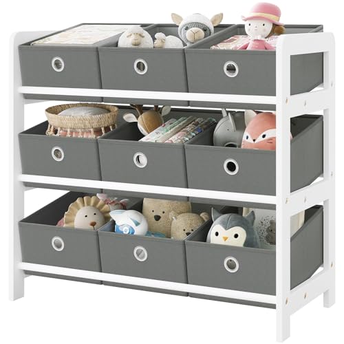 Lestarain Kinderregal mit 9 Boxen, Bücherregal Kinder, Spielzeug Aufbewahrung, Montessori Spielzeugregal, Regal Kinderzimmer Spielzimmer Kindergarten, 63,5x58x29,5 cm, Holz, Weiß Grau