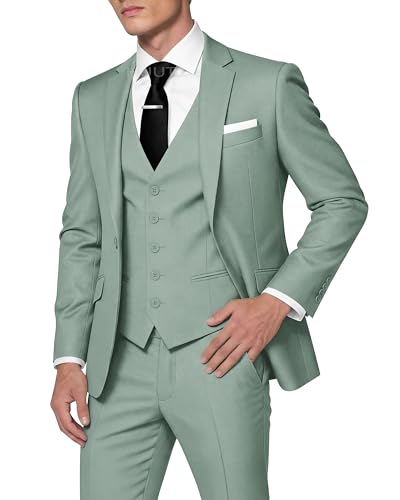 HUUTOE 3-teilige Herrenanzüge Slim Fit Abschlussball Anzüge für Männer Hochzeitskleid Anzug Sommer Blazer Jacke Weste Hose Smoking Set, Salbeigrün, XL
