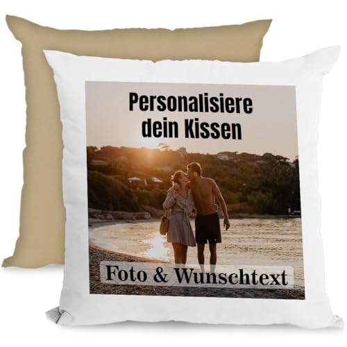 Personalisiertes Kissen 40x40 cm mit Foto & Kissenfüllung – Individuelles Fotokissen mit Bild – Personalisiertes Geschenk für Frauen, Männer & Freundin – Dekokissen & Kuschelkissen, Weiß/Mokka