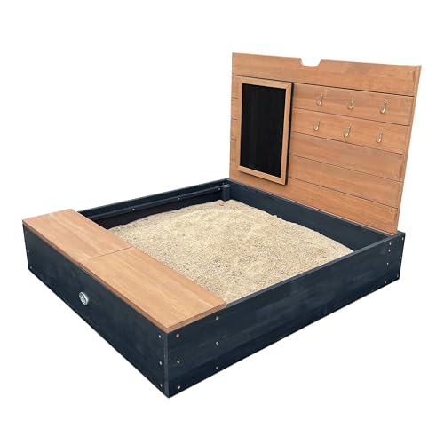AXI Mandy Sandkasten aus FSC Holz mit Sitzbank, Stauraum, Deckel & Kreidetafel | Sandkasten in Anthrazit & Braun inklusive Bodeplane | 100 x 90 cm
