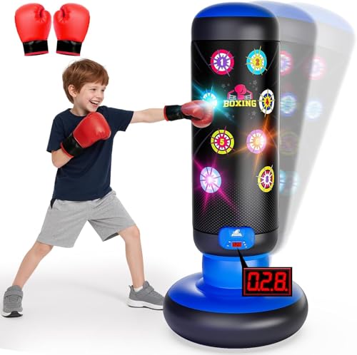 Boxsack Kinder, Boxsack Stehend mit Musik & Licht, Interaktiv Punching Bag, Aufblasbarer Standboxsack mit Boxhandschuh Geschenke für 6 7 8 9 10 11 12 Jahren Kinder Jungen (Blau)