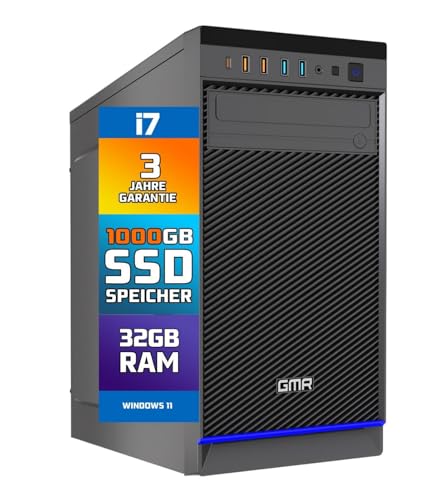 GMR Ultra Desktop PC - Intel i7, Windows 11 Pro, 32GB RAM, 1000GB SSD, USB 3, WiFi, Bluetooth, Office PC Mit DVD, 3 Jahre Garantie - Desktop PC Windows 11 - Sofort Einsatzbereit