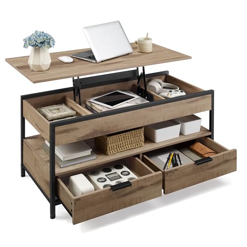 VASAGLE Couchtisch, höhenverstellbarer Wohnzimmertisch, Kaffeetisch, mit Schubladen, offenes Fach, 50 x 100 cm, Kamelbraun-tintenschwarz LCT209K02