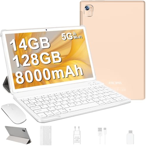 FACETEL Android Tablet 10 Zoll mit 5G WiFi Octa-Core 2.0Ghz Prozessor Ultraschnelles Tablet PC mit 14(6+8) GB RAM + 128GB ROM TF 2TB | 8000mAh |, 2026 Neueste Tablet mit Tastatur und Maus-Gold