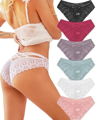 ALL OF ME 6er Pack Brazilian Slips Damen Spitze Unterhosen Sexy Unterwäsche Dessous Frauen Panties Brasilien Underwear Women Bikini Mehrpack S-XL,A-6,M