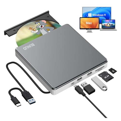 BUNUD Externes CD Laufwerk für Laptop: USB-C DVD Brenner Extern DVD Laufwerk Extern USB mit SD/TF & 2 USB Ports - Externer CD/DVD Brenner und Player für Windows 11 Mac MacBook PC