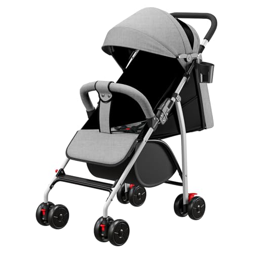 MUL-BOUTIQUE Kompakter Kinderwagen, 0 bis 4 Jahre (30 kg max), leicht (4,10 kg), Buggy für Babys, Komfort, faltbar, kompakt und neigbar, mit Baumwolle, Getränkehalter, Sonnenblende (Grau)