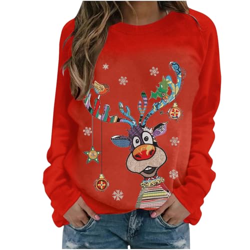 Hässliche Weihnachtspullover Damen Weihnachtspullover Damen Lustige Weihnachten Ugly Sweatshirt Baumwolle Pulli Basic Rundhals Hirschkopf Muster Weihnachtskostüm Christmas Xmas Oberteile